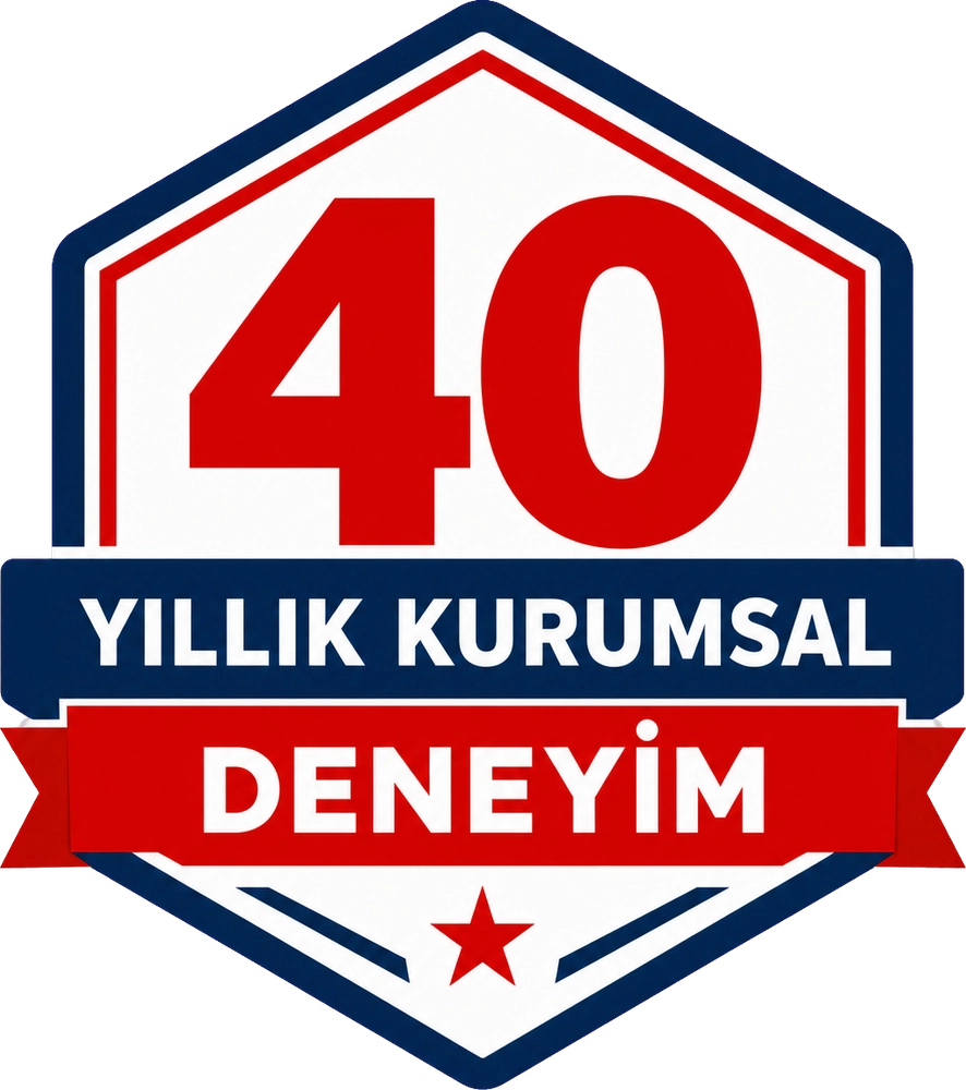 Kırmızı ve lacivert tonlarında kırk yıllık kurumsal deneyim rozeti amblemi.