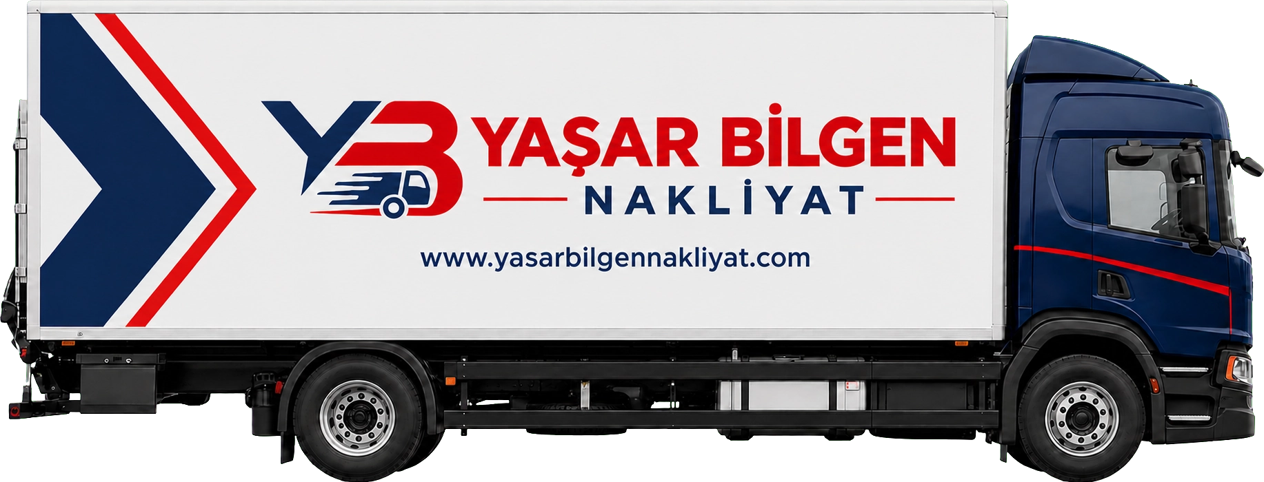 Yaşar Bilgen Nakliyat amblemli beyaz kasa ve mavi kabine sahip kurumsal taşımacılık kamyonu